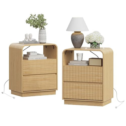 Natural Oak Nightstands Set of 2 with Charging Station, Mid Century Modern End Tables & Bedside Tables, Fluted Wood Small Night Stands with 2 Hidden Drawers and Storage Shelf for Bedroom - color: Natural Oak, style: 2 Drawers-2 PCS