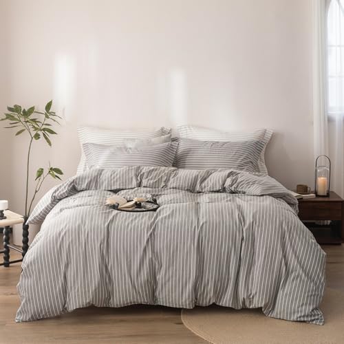 3Pcs Grey White Striped King Duvet Cover Set Washed Cotton | Linen Feel Striped,1 Duvet Cover & 2 Pillow Shams,Hidden Zipper,Soft Breathable,Lightweight,8 Corner Ties - color: Grey White Stripe-no Comforter, size: King (104" x 90")