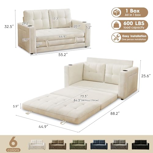 55" Convertible Folding Sofa Bed, Pull Out Couch Love Seat Sleeper Bed, Small Fold Out Loveseat sleeper with Cup Holder and Pillow for Small Space, Bedroom Lounge, Dorm, Living Room(Beige Chenille) - color: Beige
