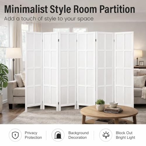 6 Panel Wood Room Divider and Folding Privacy Screen 67″, White | Solid Paulownia Wood Room Partition with 360° Hinges, Freestanding Wall Divider for Room Separation, Home, Bedroom, Office - color: 6 Panels White, size: 6 Panels