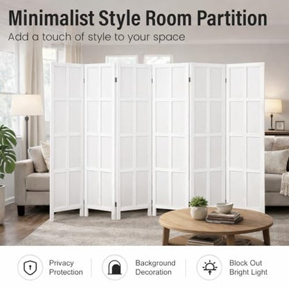 6 Panel Wood Room Divider and Folding Privacy Screen 67″, White | Solid Paulownia Wood Room Partition with 360° Hinges, Freestanding Wall Divider for Room Separation, Home, Bedroom, Office - color: 6 Panels White, size: 6 Panels