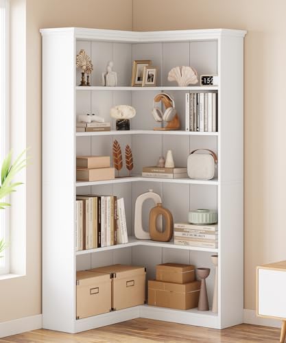 IDEALHOUSE Corner Bookshelf 72.8in Farmhouse Bookcase Large Bookshelves Wood Bookcase Tall 5 Tier Corner Shelf L Shaped Bookshelf Storage Display Rack Living Room Bedroom (White, Full Panel) - color: Full Back Panel White, size: Full Panel