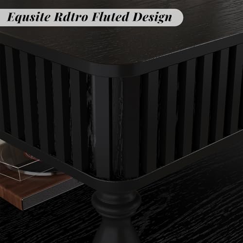 Quick Assemble Rectangular Lift Top Coffee Table with Large Storage | Black mid-century aesthetic, sturdy Solid Wood Roman legs, fluted side trim,Compact 31.5" x 31.5" x 18.11" - color: Black