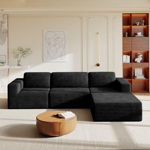 Vesgantti 119" L-Shaped Modular Sectional Sofa, Corduroy Cloud Couch with Deep Seating & Spring Support, Flexible Layout Sofa with Ottoman, Boneless Style, No Assembly Required, Black - color: 119" - 3 Seater & Ottoman Black