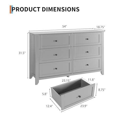 Garvee Grey 6-Drawer Dresser for Bedroom, 54" Long Chest of Drawers | Modern Lacquered Storage Drawers Organizer, 15.8"D x 54"W x 31.5"H, Storage Dresser with Deep Drawers for Hallway Entryway - color: Grey, size: 15.8"D x 54"W x 31.5"H (6 Drawers)