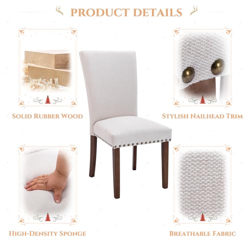 COLAMY Upholstered Dining Chairs Set of 2, Parsons Style Side Chairs with Nailhead Trim and Solid Wood Legs, Comfortable Linen Fabric for Kitchen & Dining Room – Beige - size: set of 2