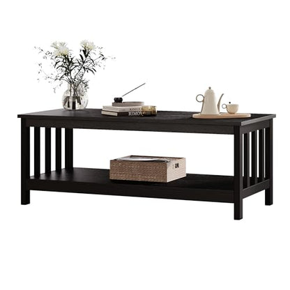 ChooChoo Mission Coffee Table, Black Wood Living Room Table with Shelf, 47 inch - color: Black, size: 22"D x 47.2"W x 18.1"H