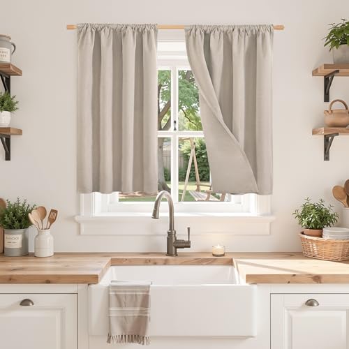 BGment Short Linen Blackout Curtains 36 Inch Length, Thermal Insulated Drapes with Rod Pocket Textured Full Room Darkening for Bedroom Small Window Privacy, Oatmeal, 2 Panels Set, Each 30 Inch Wide - color: Oatmeal, size: 30"W x 36"L (Pack of 2)