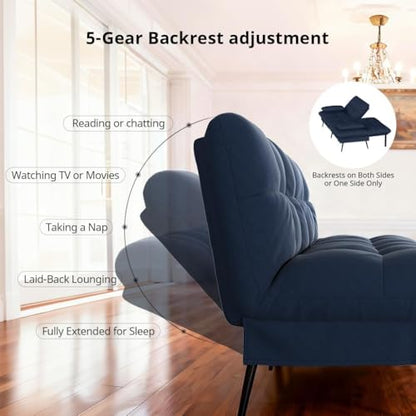COMHOMA 72″ Convertible Futon Sofa Bed, Adjustable Backrest, Blue | Breathable Fabric Futon Couch with Pillows,Multi-angle Ergonomic Reclining,Space-saving Sleeper Sofa for Living Room - color: Blue