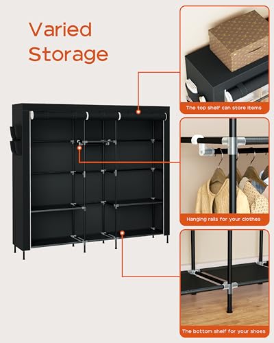 CASAMAYA Portable Closet, 77.6 Inch Extra Large Capacity Wardrobe Closet with Cover, Clothes Storage Organizer with Shelves and 3 Hanging Rods, Easy to Assembly, Black PCT223B01 - size: 77.6"L x 17.7"W x 70.9"H