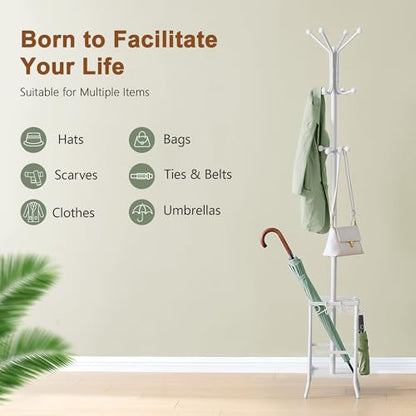 Hoctieon Coat Rack Freestanding, Coat Tree with Umbrella Holder, Metal Coat Rack Stand with 12 Hooks, Standing Coat Hanger Stand, Umbrella Stand for Entryway, Hat Rack Stand for Home Office, White | Metal Coat Rack Stand with 12 Hooks, Standing Coat Hange