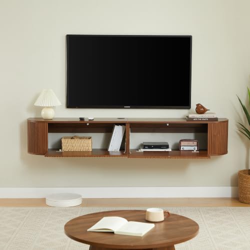 LUMISOL 71” Wall Mounted Floating TV Cabinet with Fluted Doors, Media Console with Cable Management Holes for Living Room, Bedroom, Walnut - size: 70.87"L x 12.6"W x 11.81"H