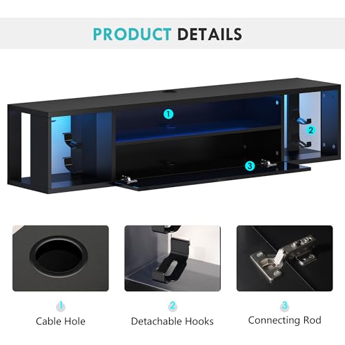 DlandHome 55.1" W Floating TV Stand with LED, Wooden Entertainment Center | Wall Mounted TV Shelf for 50/55/60/65" TV, Media Console with Storage Shelves, Floating Entertainment Center, Black - size: 55.1'' Black
