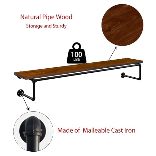 Clothes Rack 70in, Wall Mounted Garment Racks with Walnut Solid Wood Shelf, Heavy Duty Hanging Clothes Rack, Multi-Purpose Hanging Rod, Space-Saving Closet Storage - color: Walnut, size: 1T70IN
