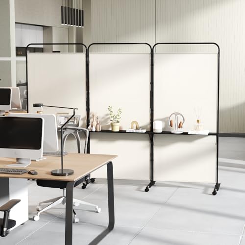 GOFLAME 3 Panel Room Divider with Storage Shelves, 6FT Folding Privacy Screen with Lockable Wheels, Portable Rolling Wall Divider, Freestanding Partition Screen for Room Separation, Beige - color: Beige