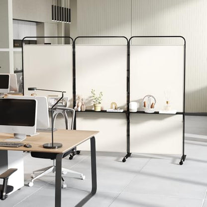 GOFLAME 3 Panel Room Divider with Storage Shelves, 6FT Folding Privacy Screen with Lockable Wheels, Portable Rolling Wall Divider, Freestanding Partition Screen for Room Separation, Beige - color: Beige