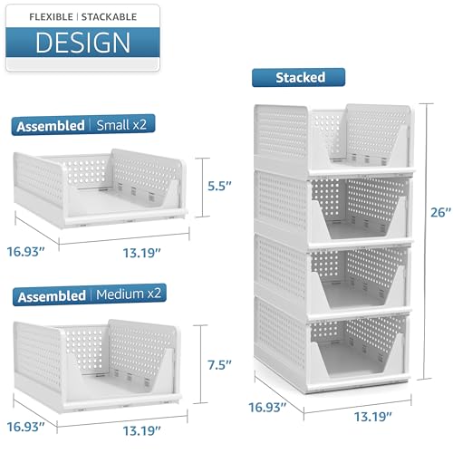 Sorbus Shelf Organizer - Closet Shelf Organizer for Clothes, Closet, Bathroom, Kitchen, Garage - Plastic Stackable Shelf Organizer Baskets - Open Front Design Under Shelf Organizer - size: 2 Small 2 Medium