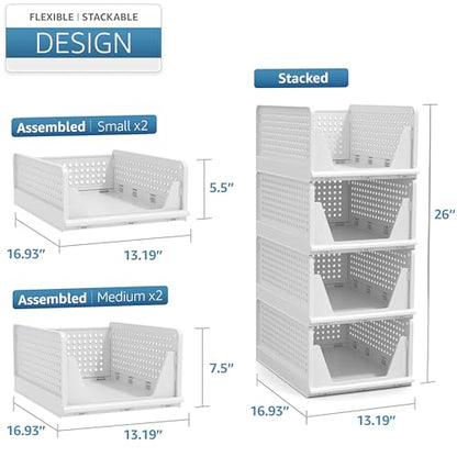 Sorbus Shelf Organizer - Closet Shelf Organizer for Clothes, Closet, Bathroom, Kitchen, Garage - Plastic Stackable Shelf Organizer Baskets - Open Front Design Under Shelf Organizer - size: 2 Small 2 Medium