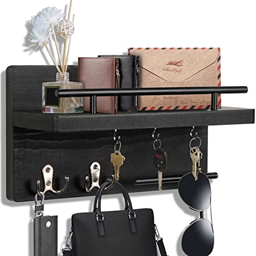 OurWarm Key Holder for Wall Decorative with 5 Key Hooks, Wall Mounted Key Hangers for Wall with Mail Key Rack, Wooden Mail Organizer with Shelf - color: Black