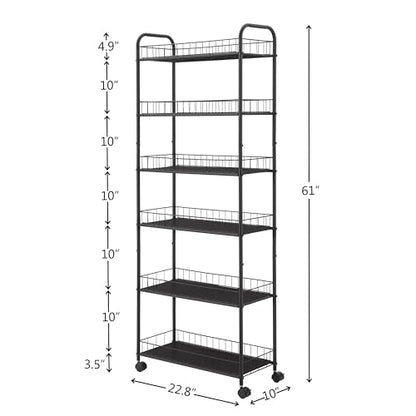 6-Tier Storage Cart Wire Slim Shelving Shelf with Wheels for Small Spaces, Rolling Tall Organizer Storage for Bathroom, Kitchen, Home, Garage, Bedroom, Closet (Black, 10“D)