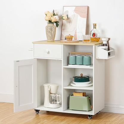 HOOBRO Kitchen Island, Storage Cabinet with Drawer, Kitchen Cart with Spice and Towel Rack, Saving Space, Easy Assembly, for Living Room, White and Natural WN12ZD01 - color: White + Natural