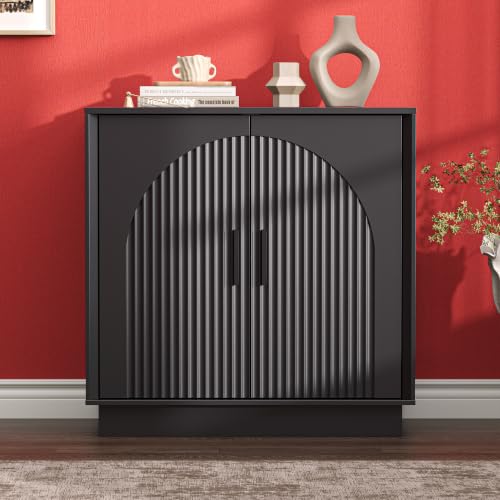 Buffet Cabinet with Storage, 31.5" W Fluted Sideboard Buffet Cabinet with Adjustable Shelves, Single-Box Modern Wood Credenza Accent Storage Cabinet for Dining Room Living Room Hallway, Black - color: Black, size: 31.5'' WIDE