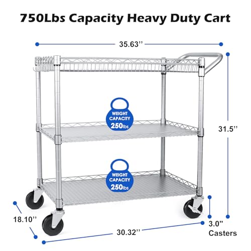 Heavy Duty 3 Tier Utility Cart,Wire Rolling Carts with Wheels, Commercial Grade Service Cart with Shelving Liners and Handle Bar Metal Carts for Kitchen Office Hardware - color: 750lbs Capacity Silver