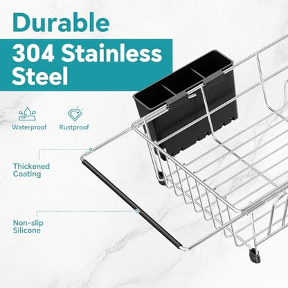 Simple Trending Dish Drying Rack in Sink with Utensil & Cup Holder | Expandable Dish Rack Over The Sink, Stainless Steel Dish Drainer for Small Kitchen, Space Saving, Non-Slip Feet, Fast Drain - size: Stainless Steel