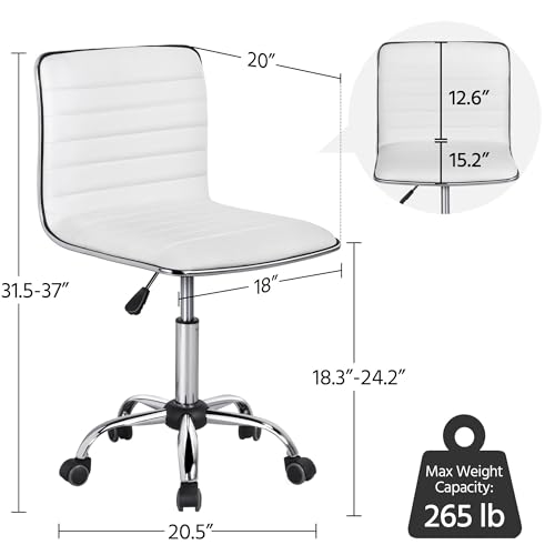 Topeakmart Ribbed PU Leather Armless Desk Chair, Swivel Task Chair, White | Cushioned ribbed PU leather low-back seat slides neatly under desks. Seat height adjusts 18.3–24.2 in, quick assembly for use - color: White