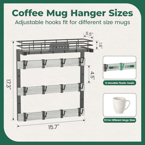 EsLuker.ly Coffee Mug Holder Cup Hanger Wall Mounted Display Rack | Metal Organizer with 12 Movable Plastic Hooks, Wood Rustic Shelf for Coffee Bar Home Kitchen, Thoughtful Wall Storage, Grey - style: 12 Movable Hooks Light Grey Style