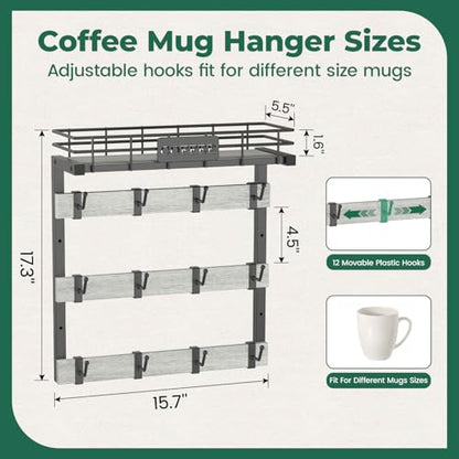EsLuker.ly Coffee Mug Holder Cup Hanger Wall Mounted Display Rack | Metal Organizer with 12 Movable Plastic Hooks, Wood Rustic Shelf for Coffee Bar Home Kitchen, Thoughtful Wall Storage, Grey - style: 12 Movable Hooks Light Grey Style