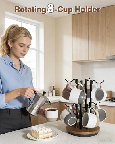 8-Hook 360° Rotating Large Coffee Mug Tree for Counter, Wood Base, Brown | 360° rotation, 8 mugs (12-16oz), 5.7" spacing, anti-slip, metal/wood, stable. - color: Black Walnut