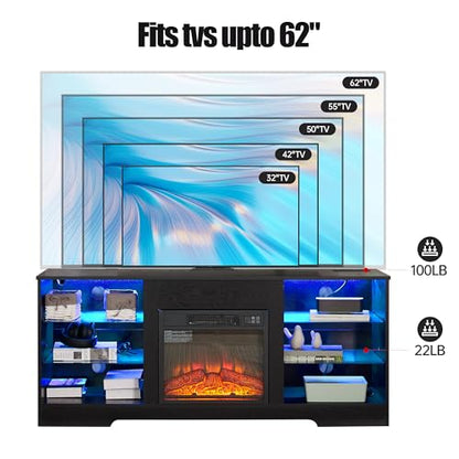 Modern 58 inch TV Stand with 18 inch Electric Fireplace, Entertainment Center with LED Lights and Power Outlets, Black Media Console with Glass Shelves for Living Room up to 65 inch TV - color: Black-x-57.87 X 15.35 X 24.61 Inch