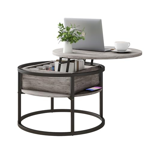 Round Coffee Table with Storage,Lift Top Coffee Table for Living Room Reception Room,2 Tier Small Round Table Dining Center,Grey - color: Grey