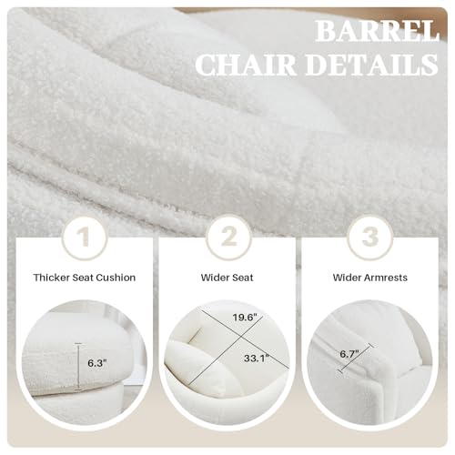 Boucle Swivel Accent Chair, Widened Round Barrel Chair with Pillow | Wide Padded Seat, Upholstered Boucle, Silent 360° Swivel Barrel Armchair for Living Room Bedroom Reading Nook, White - color: White