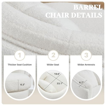Boucle Swivel Accent Chair, Widened Round Barrel Chair with Pillow | Wide Padded Seat, Upholstered Boucle, Silent 360° Swivel Barrel Armchair for Living Room Bedroom Reading Nook, White - color: White