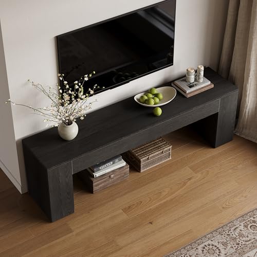 LITTLE TREE 70.8" TV Stand, Wooden Entertainment Center, Low TV Console Table for TVs Up to 80", Modern Chic Entertainment Center for Living Room, Bedroom, Apartment, Black, Easy Assembly