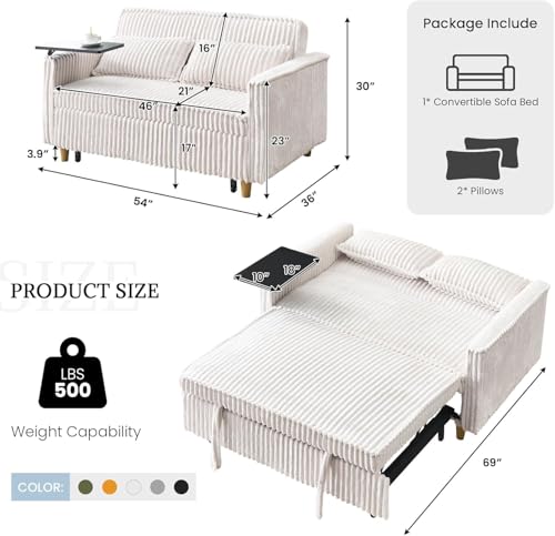 anwickjeff 54'' Corduroy 3-in-1 Convertible Sofa Bed, Pull Out Sleeper Loveseat Couch with USB Ports & Storage Pockets, Futon Couches for Small Space, Living Room, Apartment (Yellow New) - color: Yellow New