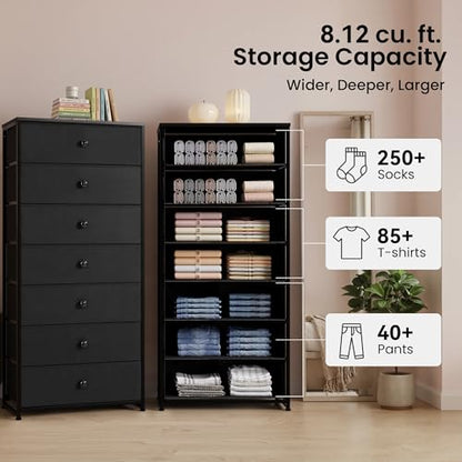 Fabric Dresser for Bedroom, Wide 7-Drawer Tall Vertical Tower (Black) | Wooden Top, Steel Frame, Easy Pull Bin,Organizer Unit for Living Room, Hallway, Entryway, Nursery, Closets - color: Black, style: Wide-7 Drawers