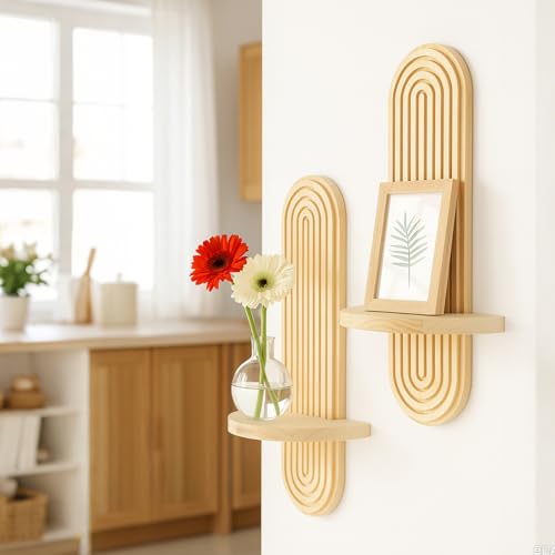 Artilady Boho Shelf Wall Decor, Solid Wood Floating Shelves Srorage Display | Rainbow Arch Trinket Shelf, Rustic Plant Crystal Candle Holder for Small Space, Modern Bedroom Bathroom Living Room Decor - color: 1 Beige