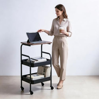 3 Tier Metal Storage Utility Cart with Wooden Top, Rolling Home Organizer | Stable and Sturdy, 2 Lockable Wheels, Multi-Purpose for Snacks, Coffee, Craft, Makeup, Garage, Bedside, Kitchen, Office