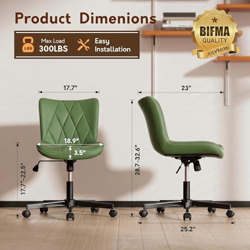 Armless Desk Chair, Morden Home Office Chair no Arms, Adjustable Height & Rocking Computer Chair, PU Leather Vanity Chair, Ergonomic Seat Soft Padded Desk Chairs for Home Small Space, Green - color: Olive Green