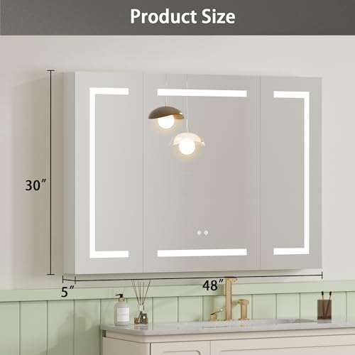 LED Medicine Cabinet with Mirror for Bathroom, Assembly-Free Lighted Medicine Cabinet, Defog, Stepless Dimming, 3 Colors, 2 Outlets, 2USB, Aluminum Wall Mounted Mirrored Cabinets, 48”Wx30“H - size: 48''W x 30''H Triple Door
