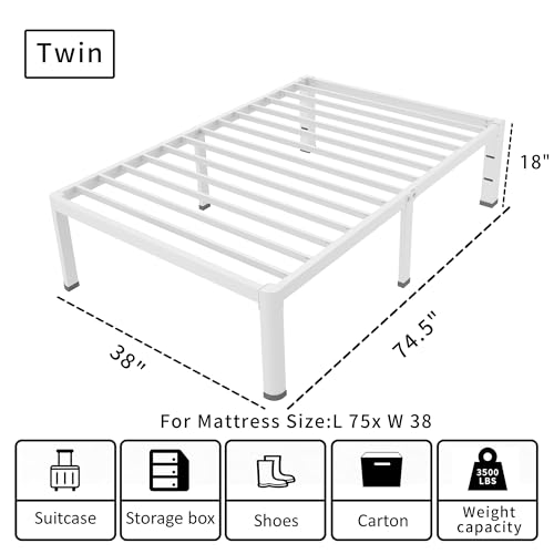 ROIL 18 Inch White Twin Bed Frame with Rounded Corner & 4 Mattress Baffles | Easy Assembly, Noise Free, 3500LBS Load Capacity, No Box Spring Needed, 16.4" Storage Space, Headboard Hole, Heavy Duty Steel - size: Twin, style: 18 Inch White
