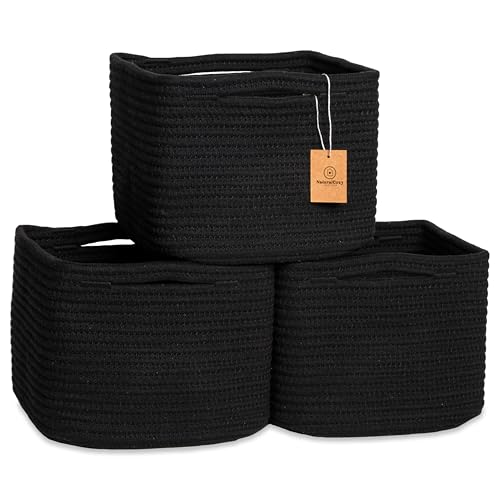 NaturalCozy Storage Cubes 9”x9”x7”Cotton Rope Woven Baskets for Organizing 3-Pack | 9 Inch Cube Storage Bin | Small Basket for Shelf Nursery, Pantry, Decorative Plant, Bathroom Closet, Toy Gift - color: Black