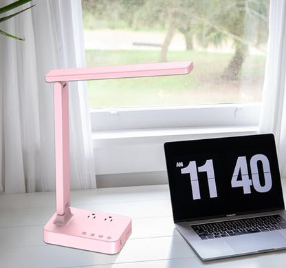 Drevet LED Desk Lamp, Desk Light with 1 USB Charging Port and 2 AC Power Outlet, 3 Lighting Modes, 3 Level Brightness,1H Timer, Touch Control, Eye-Caring Home Office Foldable Table Lamp (Pink) - color: Pink Classic 1USB/2AC