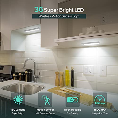 BLS 36 LED Closet Light Battery Powered, Super Bright Under Cabinet Lighting, Motion Sensor Indoor, Wireless, 1500mAh Rechargeable, 120 Days Run Time - color: 5500K Daylight White-8.9 inches-1 Pack
