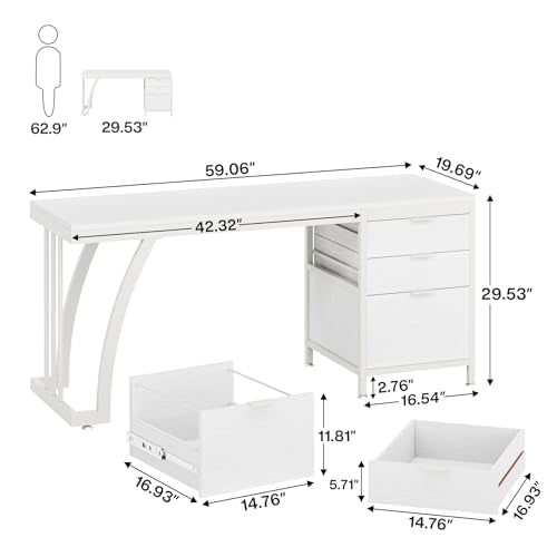 Tribesigns Computer Desk with 3 Drawers, 59-Inch PC Desk with Reversible Drawers, Industrial Study Writing Table Workstation with File Storage for Home Office, White - color: White