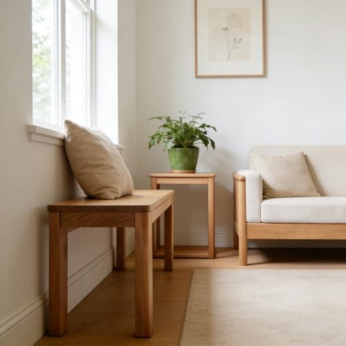 47" Solid Oak Narrow Dining Bench - Natural Finish, for Kitchen & Dining Room, Space-Saving Wooden Seat for Entryway, Bedroom, and Hallway - size: 47 Inch（Square corners)