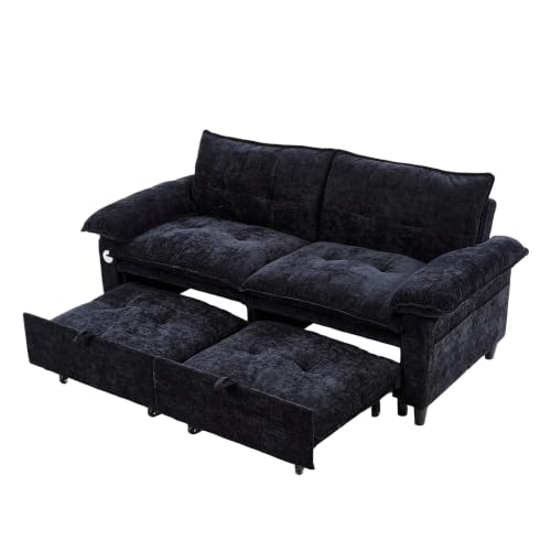 73" Plush Velvet Convertible Loveseat Sleeper Sofa Bed, Loveseat Convertible with Hidden Mattress, Sofa Bed Couch Simple Assembly for Small Apartment and Guest Space, Black - color: Black